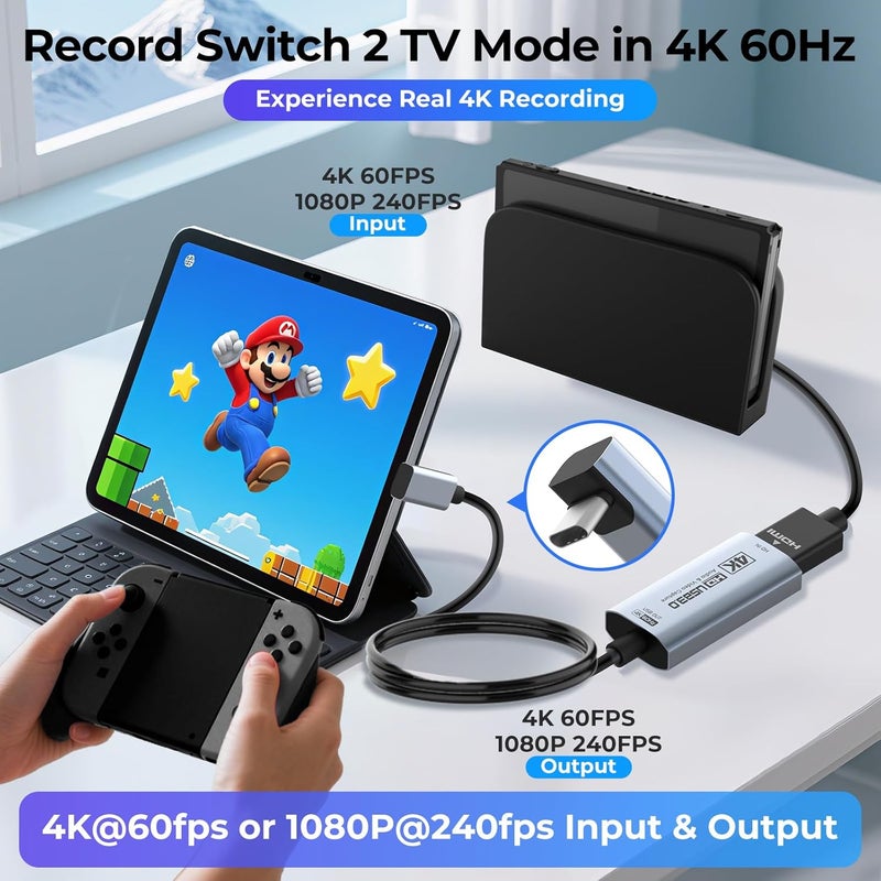 Guermok 4K 60FPS Video Capture Card, L-Shaped USBC, 3.3ft, 1080P 240FPS USB3.0 HDMI to USB A/C Capture Card for Streaming, Works with iPad/Mac OS/PC, Quest 3, OBS, PS5/4, Switch2/1, Xbox/Camera - Image 2